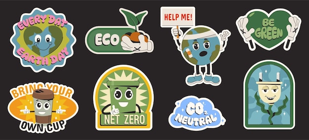 Free vector flat set stickers of save the planet in trendy groovy style funny vector characters with cute faces eco friendly badges or labels on black background world environment net zero emission concept