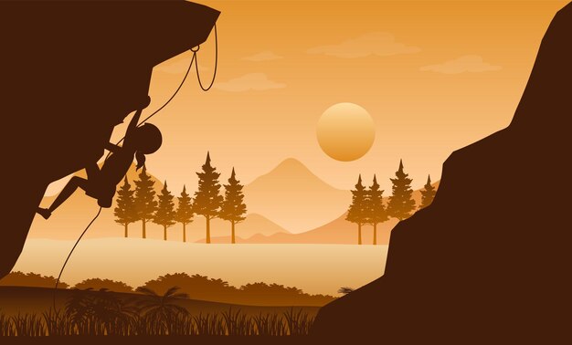 Flat silhouette rock climbing in nature background