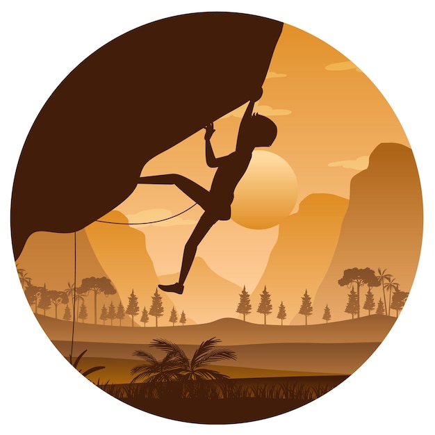 Flat silhouette rock climbing in nature background