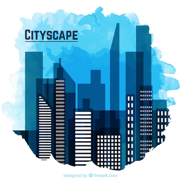 Free Vector flat skyscrapers with watercolor sky background