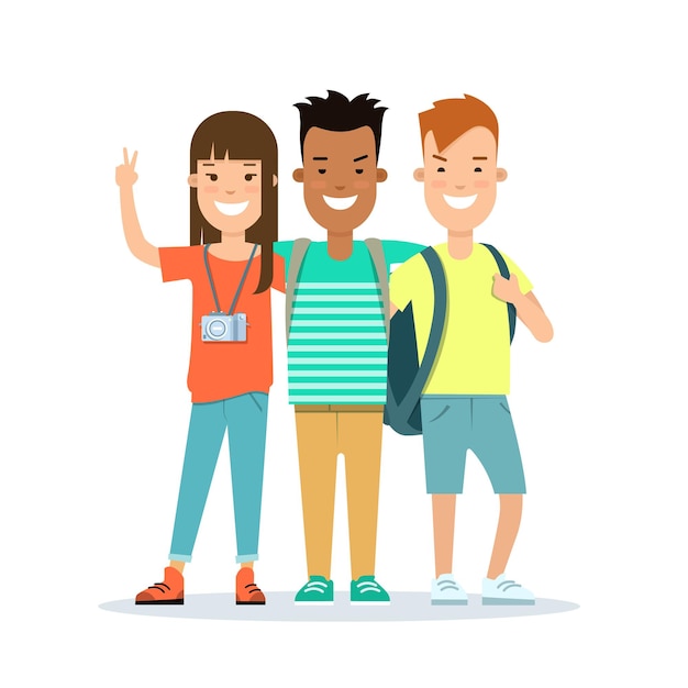 Free Vector flat smiley teens with backpack and camera vector illustration vacation concept