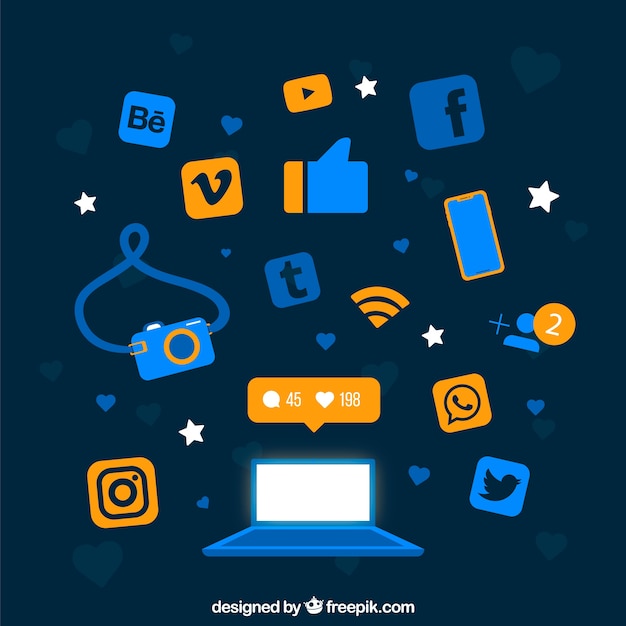 Flat social media background with computer