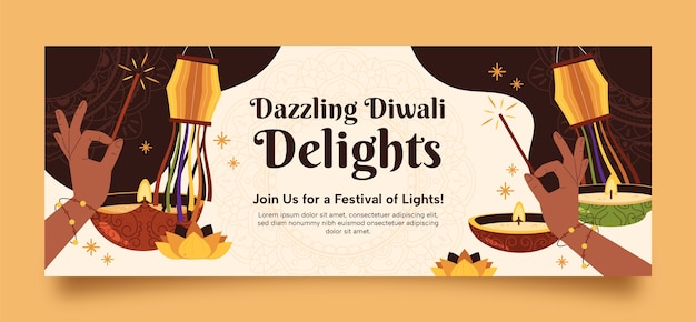 Free Vector flat social media cover template for diwali festival celebration