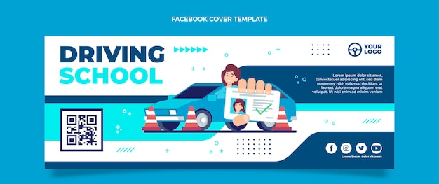 Flat social media cover template for driving school