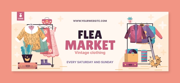 Flat social media cover template for second-hand flea market event