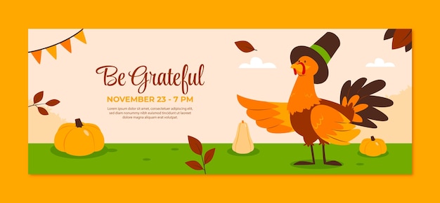 Flat social media cover template for thanksgiving with pumpkin and turkey