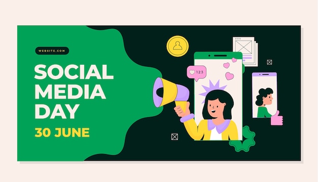 Free Vector flat social media day horizontal banner template with people using megaphone