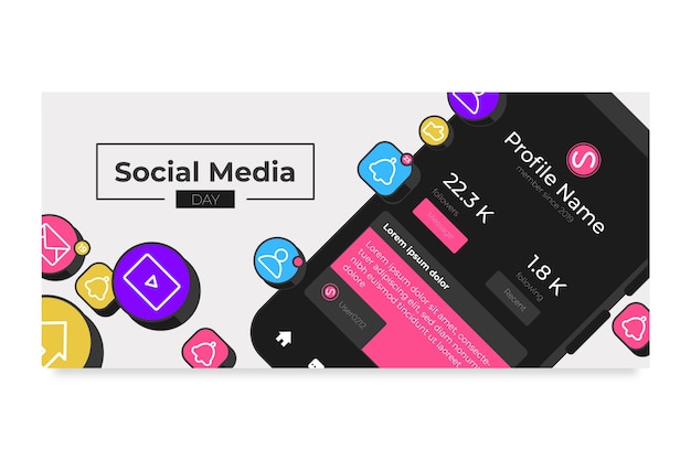 Flat social media day horizontal banner template