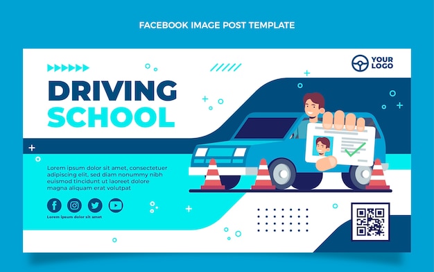 Flat social media post template for driving school