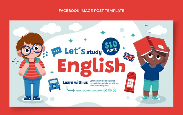 Flat social media post template for english learning lessons