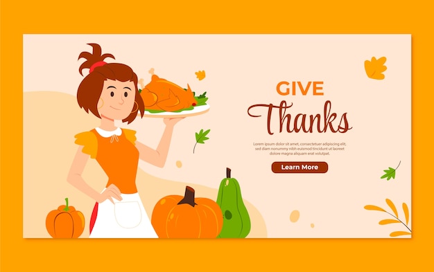 Flat social media post template for thanksgiving with woman holding turkey on plate