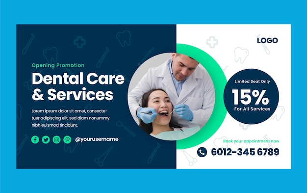 Flat social media promo template for dental clinic business