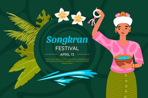 Flat songkran background with woman holding water bowl