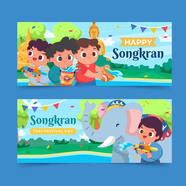 Flat songkran horizontal banners set