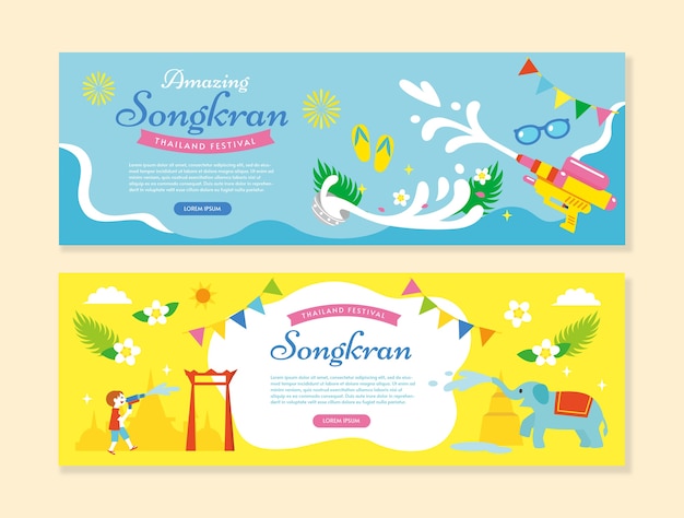 Flat songkran horizontal banners set