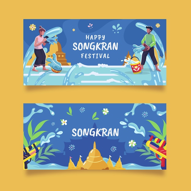 Flat songkran horizontal banners set