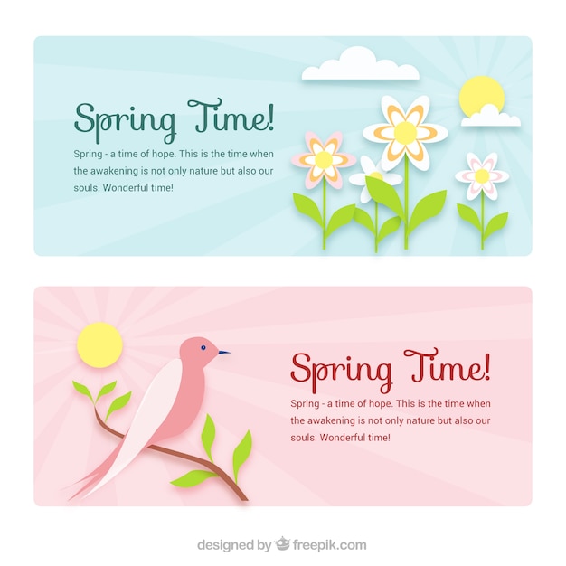 Free Vector flat spring banners with bird and flowers