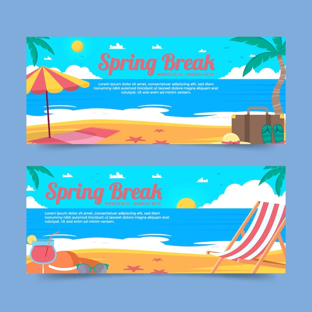 Flat spring break horizontal banners set