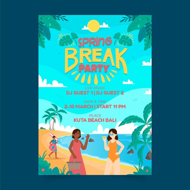 Flat spring break vertical flyer template