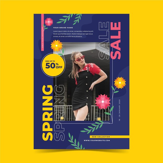 Flat spring sale flyer template with photo