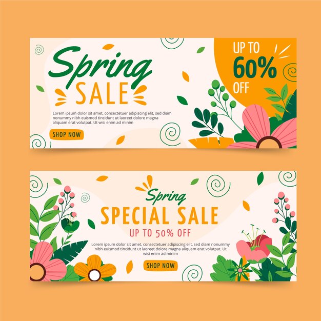 Flat spring sale horizontal banners set