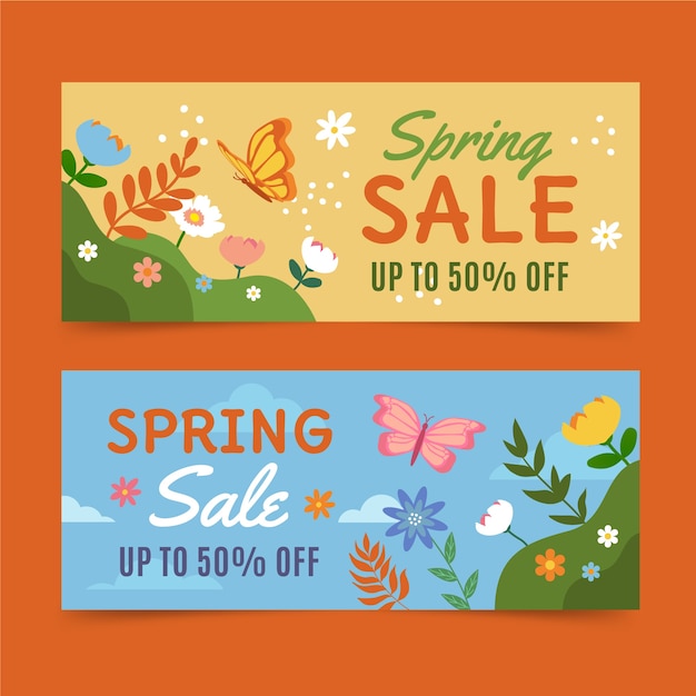 Flat spring sale horizontal banners set