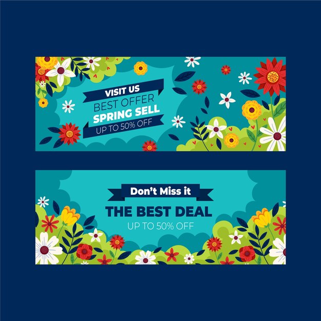 Flat spring sale horizontal banners set