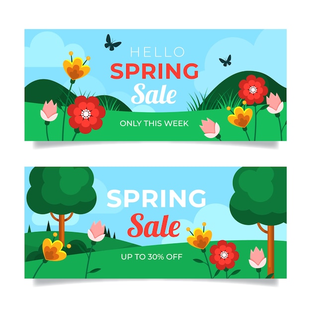 Flat spring sale horizontal banners set