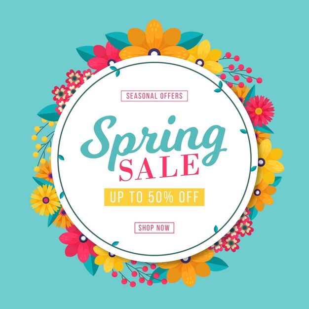 Flat spring sale promo with floral frame