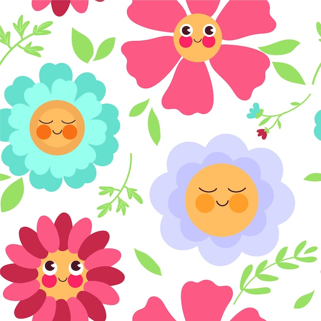 Free Vector flat spring smiley flowers pattern design