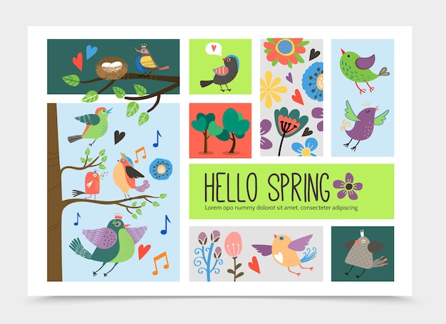 Flat spring time romantic infographic template with flying and sitting on tree branches beautiful cute birds