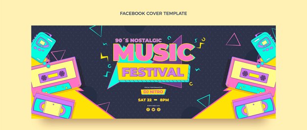 Flat style 90s nostalgic music festival facebook cover