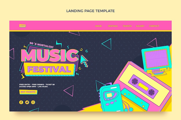 Flat style 90s nostalgic music festival landing page