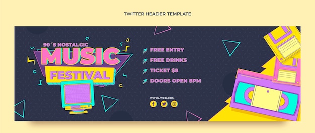 Flat style 90s nostalgic music festival twitter header