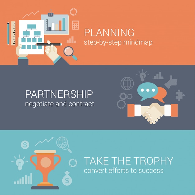 Flat style business planning, partnership and success results process infographic concept.