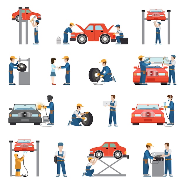 Flat style car repair service tire fitting diagnostics vehicle painting welding lift window replacement spare parts worker stuff at work  pack set. Transport business services objects collection.