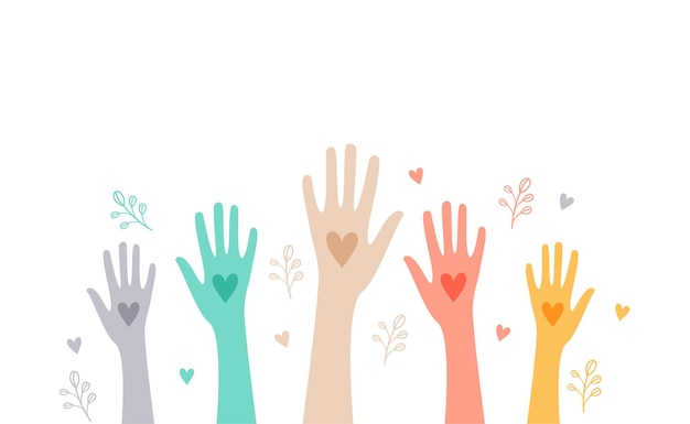 Free Vector flat style colorful volunteers team hand up with love heart vector