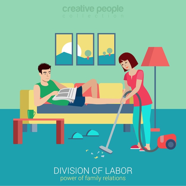 Flat style division of labor lifestyle household domestic relations conflict situation. Woman vacuum clean room man lying reading newspaper. Creative people collection.