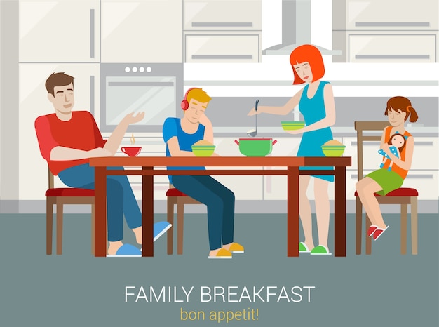 Free Vector flat style family breakfast concept. parents children sitting kitchen table woman porridge impose into bowl plate. mother father sister brother son daughter. creative people collection.