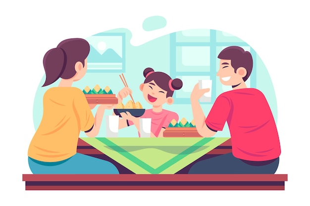 Free Vector flat style family eating zongzi