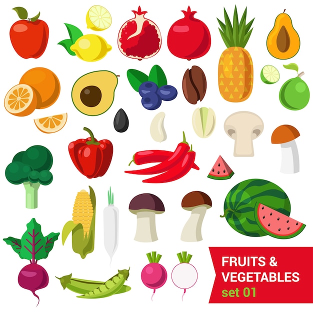 Flat style fancy quality set of fruit and vegetable set. Apple lemon pomegranate pineapple avocado orange plum coffee bean mushroom lime melon corn peas beets celery sprouts. Creative food collection.