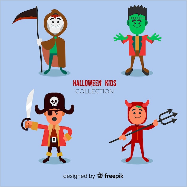 Free Vector flat style halloween kids character pack