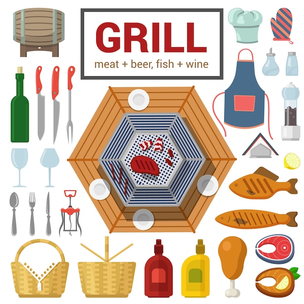 Free Vector flat style high detail quality icon set of grill meat fish barbecue bbq steak object wine cutlery glass salt pepper ketchup mustard chicken leg corkscrew food beverage cooking outdoor collection