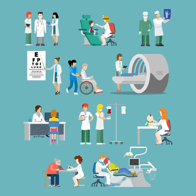 Flat style hospital profession specialist concept people icon set for hospital patient team checkup x-ray wheelchair MRI oculist dentist pediatrician doc nurse.