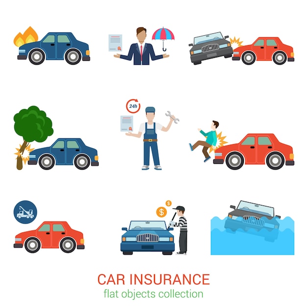 Flat style modern car insurance  pack set. Accident damage loss injury harm defect evacuator tow truck robbery policy salvage certificate worker manager. Transport service flat collection