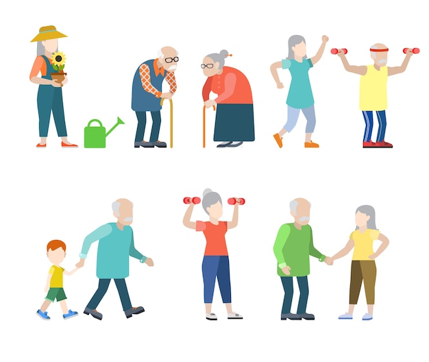 Free Vector flat style modern people s oldies situations      set. grey men women granny grandpa healthy lifestyle .