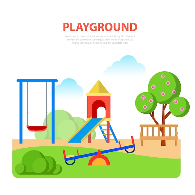 Flat style modern playground in park template. Slide seesaw