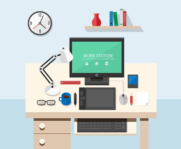 Free vector flat style office workspace. table and computer, design work and monitor