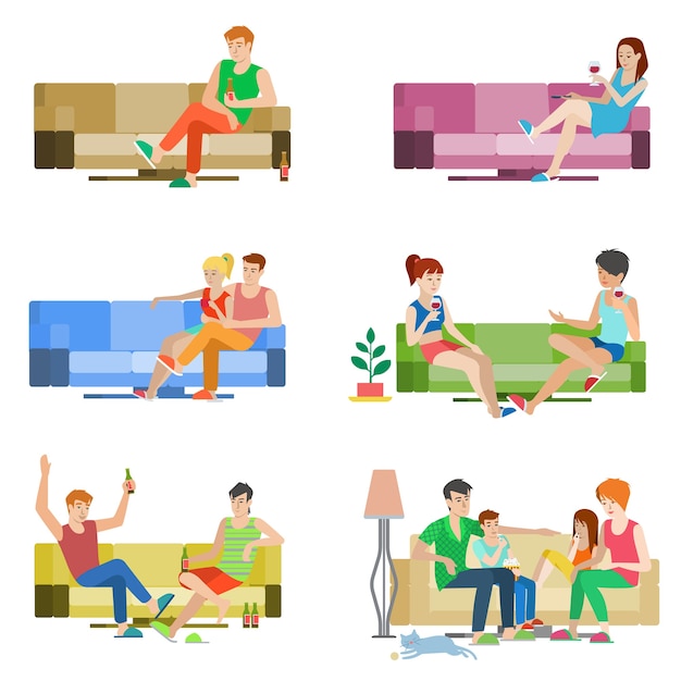 Flat style  people set of young beautiful people sitting on sofa. Boy girl couple friends family relax lounge divan wine beer. Creative human collection.