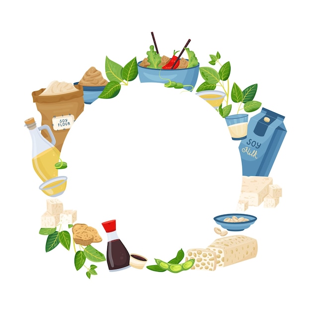 Free vector flat style round frame with various soy products on white background vector illustration